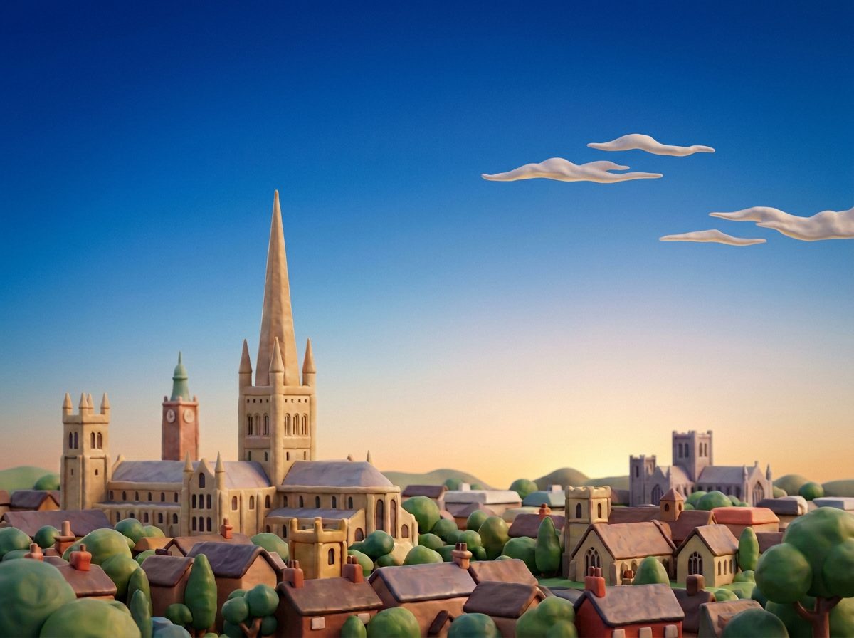 Claymation-style Norwich skyline with the cathedral spire and castle keep in golden light
